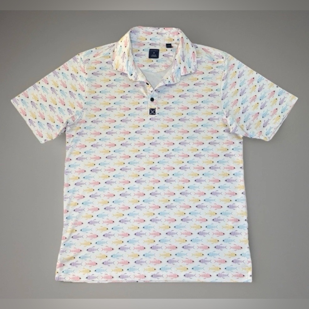 CON.STRUCT Mens Fish Print Golf Polo Shirt Sz M Quick Dry 4-Way Stretch UV 50+ - Picture 2 of 11